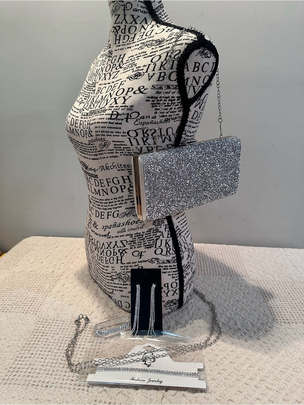 Silver Glitter Evening Clutch with Chain Strap with rhinestone jewelry